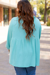 Sophia – Plus Size Turquoise Corded Babydoll Top with Balloon Sleeves