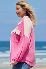 Eleanor – Plus Size Color Block Half Button Sweatshirt with Chest Pockets