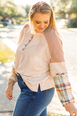 Charlotte – Plus Size Parchment Plaid Patchwork Layered Henley Top