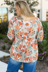 Scarlett – Plus Size Khaki Floral Peplum Blouse with Square Neckline