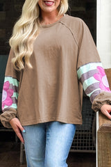 Amelia – Plus Size Light Beige Patchwork Puff Sleeve Loose Sweatshirt