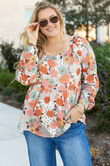 Scarlett – Plus Size Khaki Floral Peplum Blouse with Square Neckline