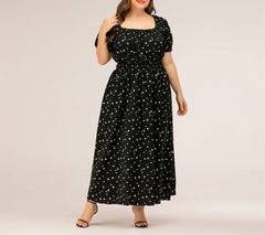 Hailey - Plus Size Square Neck Polka Dot Puff Sleeve Maxi Dress