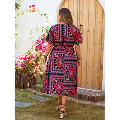 Fiona - Plus Size Floral Print A-Line Dress with V-Neck and Ruffle Sleeves