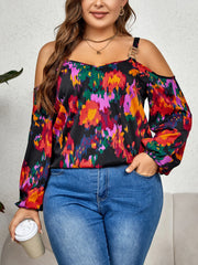 Bettina - Plus Size Cold Shoulder Long Sleeve V-Neck Graffiti Print Blouse