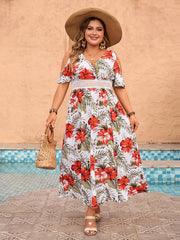 Nyla - Plus Size Cold Shoulder V-Neck Floral Print Maxi Dress