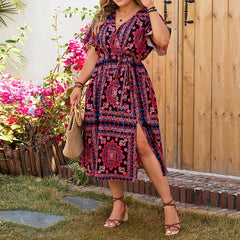Fiona - Plus Size Floral Print A-Line Dress with V-Neck and Ruffle Sleeves