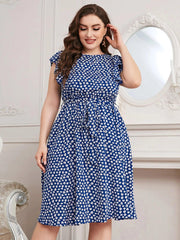 Aarianne - Plus Size Floral Print Ruffle Sleeve Summer Dress with Waist Belt