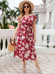 Vivienne - Plus Size Floral Print Butterfly Sleeve Belted Dress