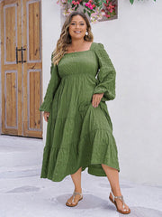 Ainara - Plus Size Square Neck Ruffle Hem Lantern Sleeve Boho A-Line Spring Dress
