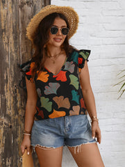 Janette – Chic Plus Size V-Neck Ruffle Sleeve Printed Blouse