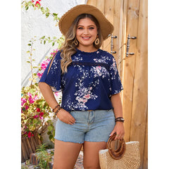 Felize - Plus Size Round Neck Floral Print Blouse with Side Split Sleeves