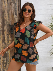 Janette – Chic Plus Size V-Neck Ruffle Sleeve Printed Blouse