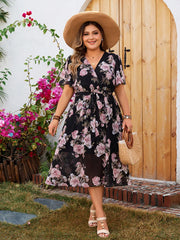Savana - Plus Size Floral Belted Surplice Neck Dress