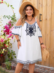 Adhara - Plus Size Cold Shoulder Boho Ethnic Print Summer Dress