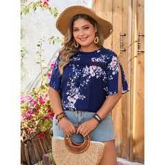 Felize - Plus Size Round Neck Floral Print Blouse with Side Split Sleeves