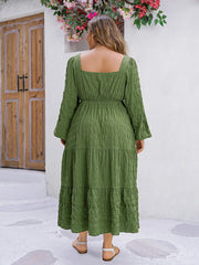 Ainara - Plus Size Square Neck Ruffle Hem Lantern Sleeve Boho A-Line Spring Dress