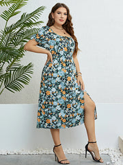 Vickie - Plus Size Boho Chic Print Knot Front Puff Sleeve Dress