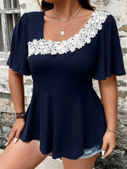 Isabel - Elegant Plus Size Lace Appliqué Peplum Blouse