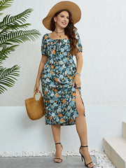 Vickie - Plus Size Boho Chic Print Knot Front Puff Sleeve Dress