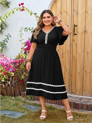 Rebecca - Plus Size V-Neck Elastic Waist A-Line Dress
