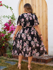 Savana - Plus Size Floral Belted Surplice Neck Dress