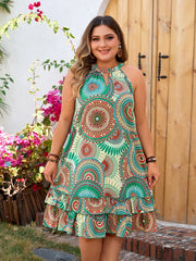 Yanna - Plus Size Ethnic Print Halter Dress for Women Summer Boho Ruffle Mini Dress