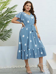 Melissa - Plus Size Blue Polka Dot A-Line Dress with V-Neck, Ruffle Sleeves, and Drawstring Belt
