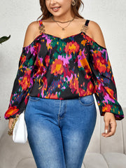 Bettina - Plus Size Cold Shoulder Long Sleeve V-Neck Graffiti Print Blouse