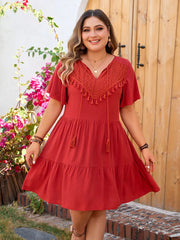 Carla - Plus Size Boho Tassel Tie Neck A-Line Dress