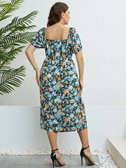 Vickie - Plus Size Boho Chic Print Knot Front Puff Sleeve Dress