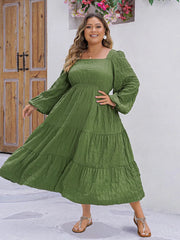 Ainara - Plus Size Square Neck Ruffle Hem Lantern Sleeve Boho A-Line Spring Dress