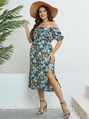 Vickie - Plus Size Boho Chic Print Knot Front Puff Sleeve Dress