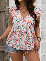 Kimberly - Plus Size Floral Print Ruffle Sleeve Blouse for Summer