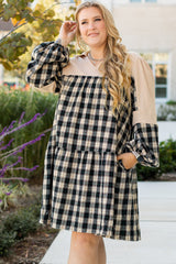 Olivia – Plus Size Black Plaid Patchwork Waffle Knit Mini Dress