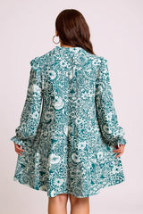 Valerie – Green Floral Split Neck Dress with Flounce Sleeves