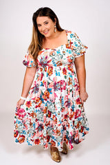 Cecilia – White Floral Puff Sleeve Plus Size Midi Dress