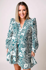 Valerie – Green Floral Split Neck Dress with Flounce Sleeves