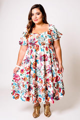 Cecilia – White Floral Puff Sleeve Plus Size Midi Dress