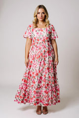 Freya – Pink Plus Size Floral Ruffle Maxi Dress with Puff Sleeves