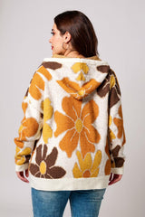Eliana – White Knitted Hoodie with Large Floral Design