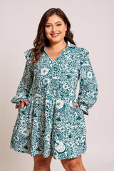 Valerie – Green Floral Split Neck Dress with Flounce Sleeves