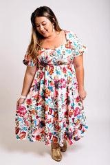 Cecilia – White Floral Puff Sleeve Plus Size Midi Dress