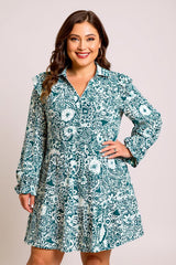 Valerie – Green Floral Split Neck Dress with Flounce Sleeves