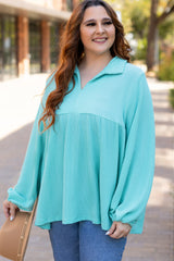 Sophia – Plus Size Turquoise Corded Babydoll Top with Balloon Sleeves