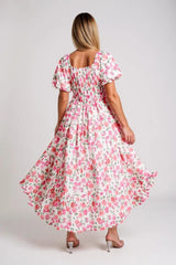 Freya – Pink Plus Size Floral Ruffle Maxi Dress with Puff Sleeves