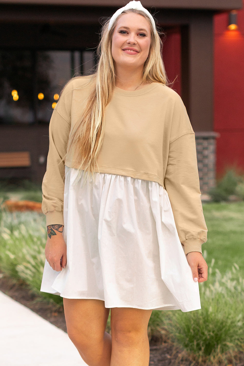 Penelope – Plus Size Apricot Color Block Patchwork Mini Dress