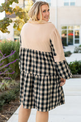 Olivia – Plus Size Black Plaid Patchwork Waffle Knit Mini Dress