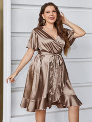 Almira - Plus Size Satin V-Neck Mini Dress