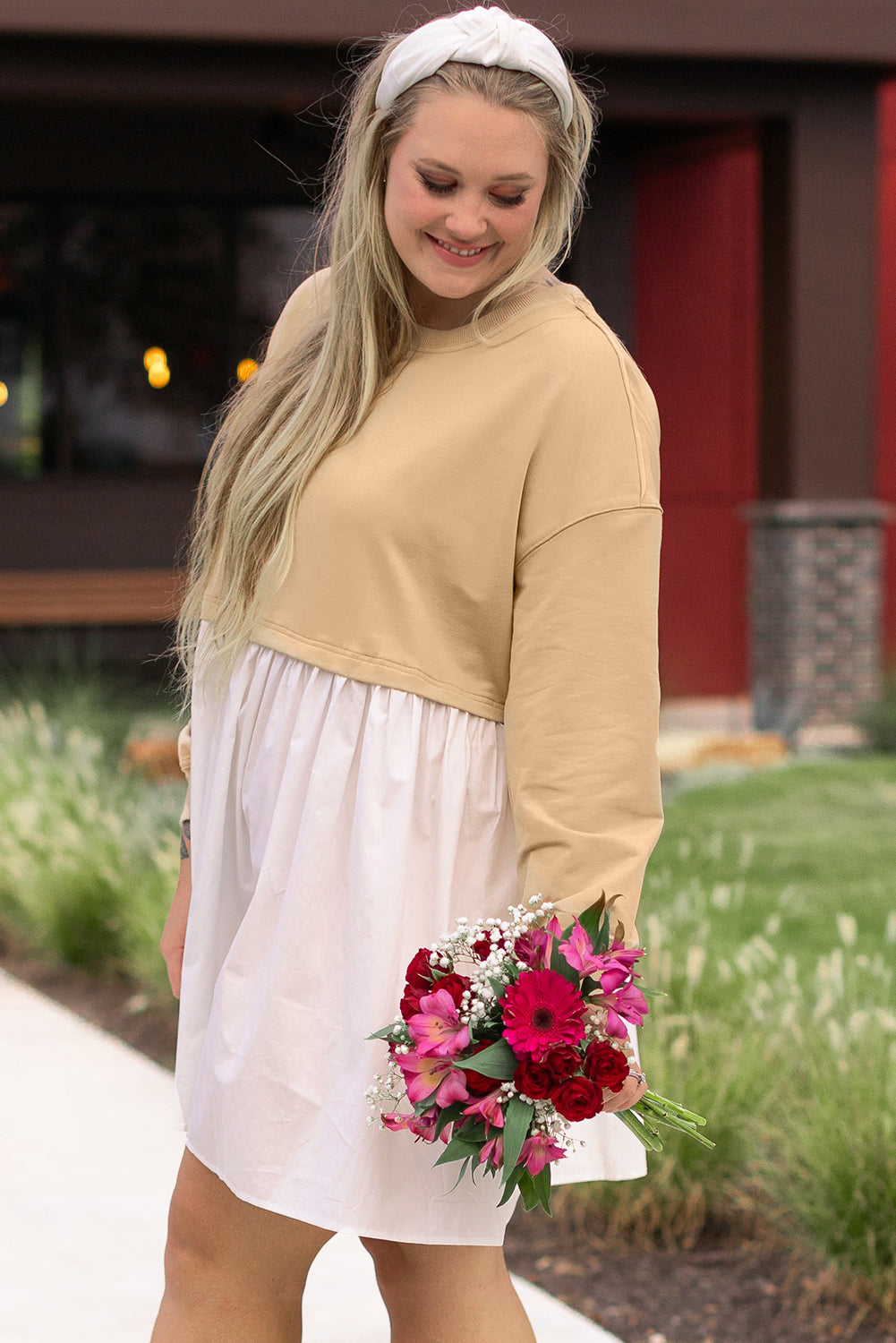 Penelope – Plus Size Apricot Color Block Patchwork Mini Dress